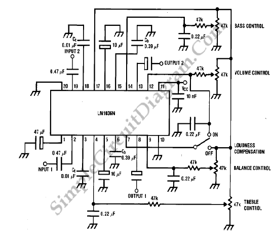 Voltage-Controlled Tone/Volume/Balance Circuit – Simple Circuit Diagram