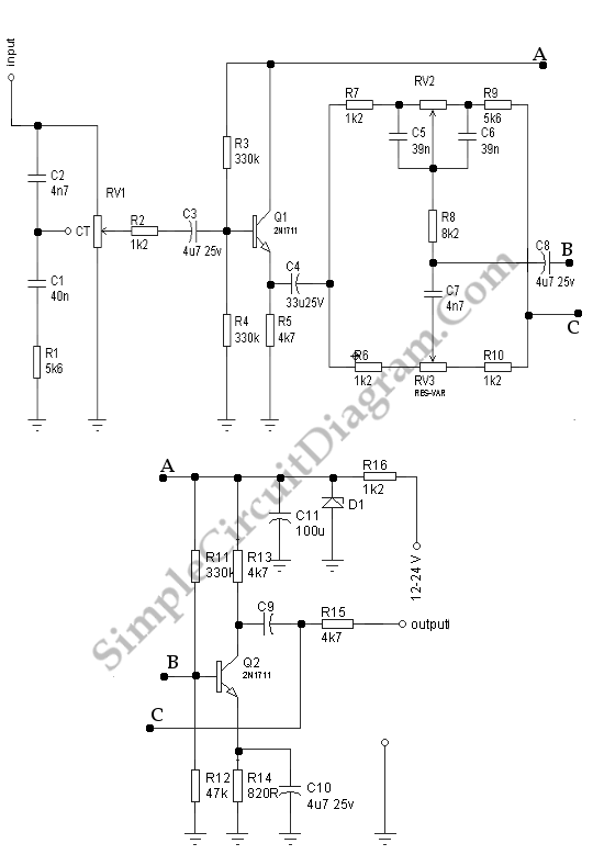 Hi-Fi Tone Control with Transistors - Simple Circuit Diagram